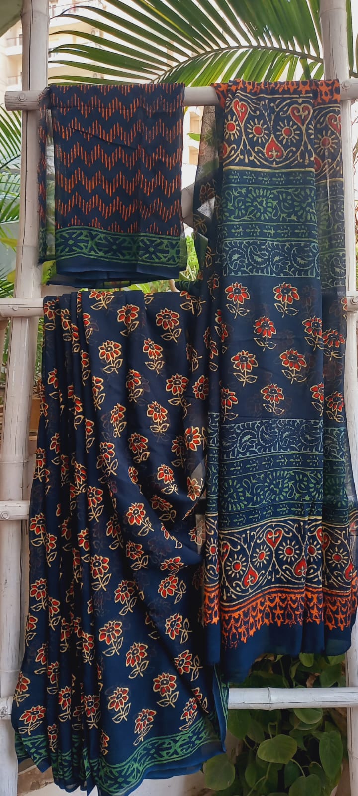 Dark Blue Orange  Handloom Saree