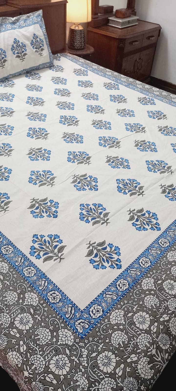 Blue and Grey Design Double Bedsheet