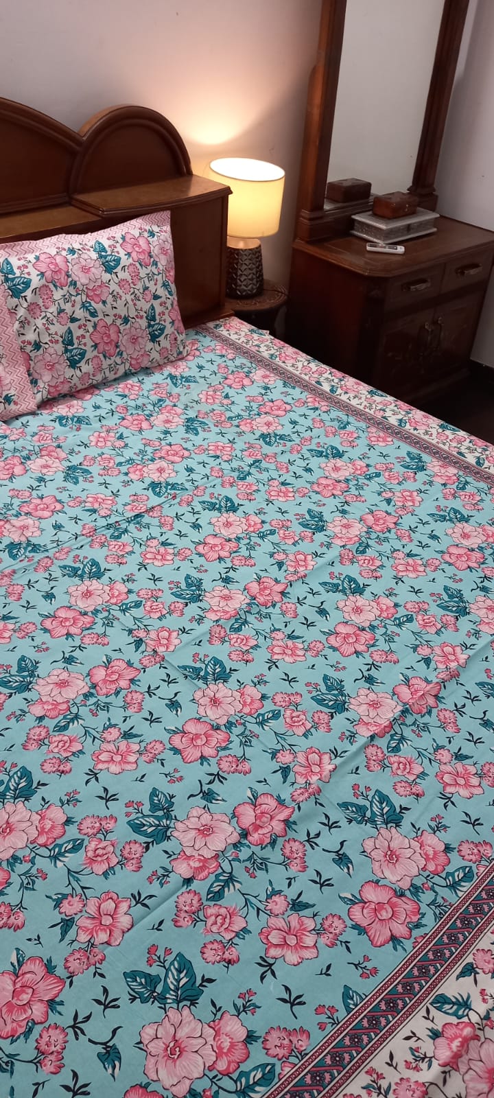 Blue and Pink  Design Double Bedsheet